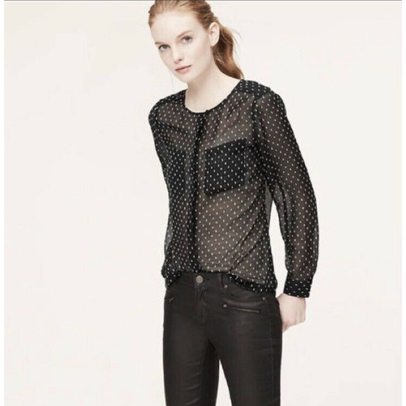 Loft Petite Utility Blouse SP Black Chiffon Sheer White Dot Minimalist Office - Picture 1 of 8